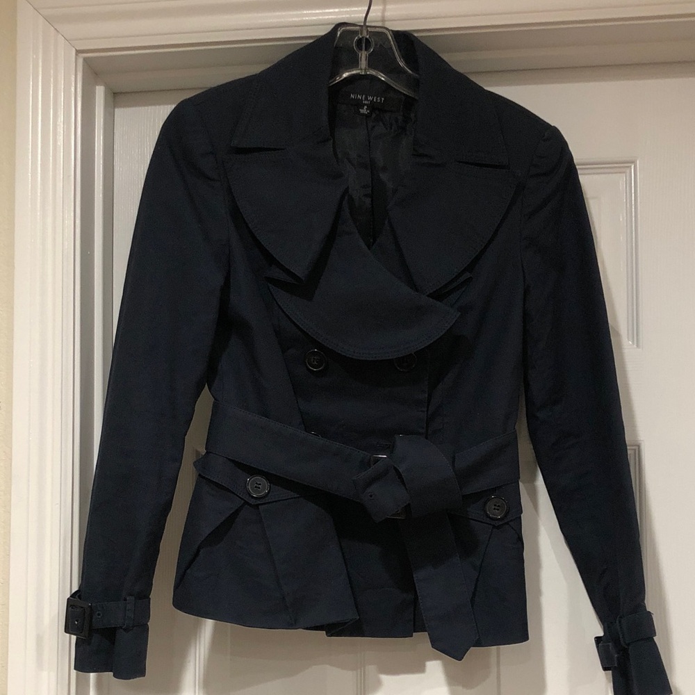 Nine West Navy Double-Breasted Belted Crop Trench Jacket